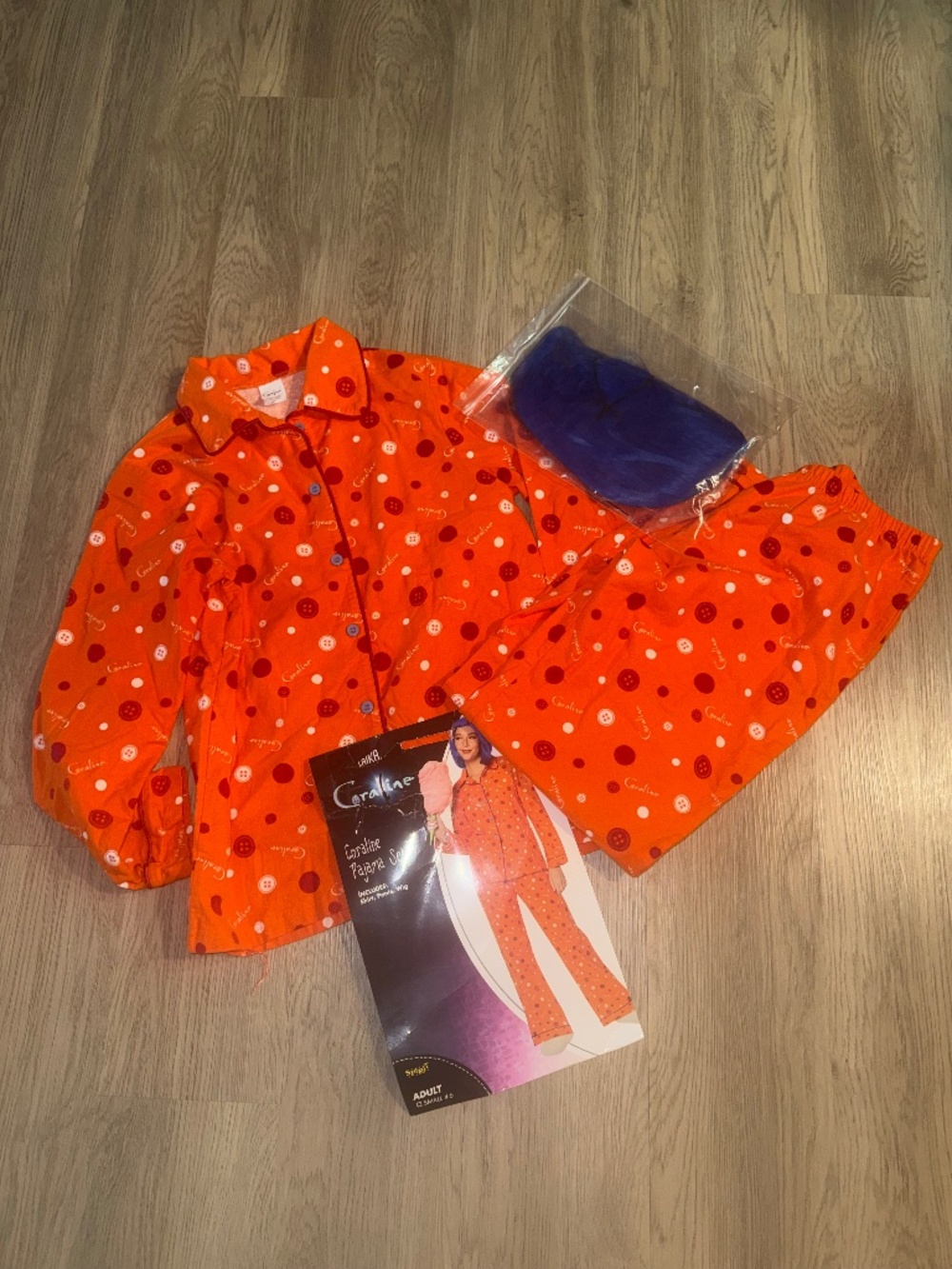 Coraline Pajama Costume Small 4–6 Orange Button Print Set Blue Wig Cosplay